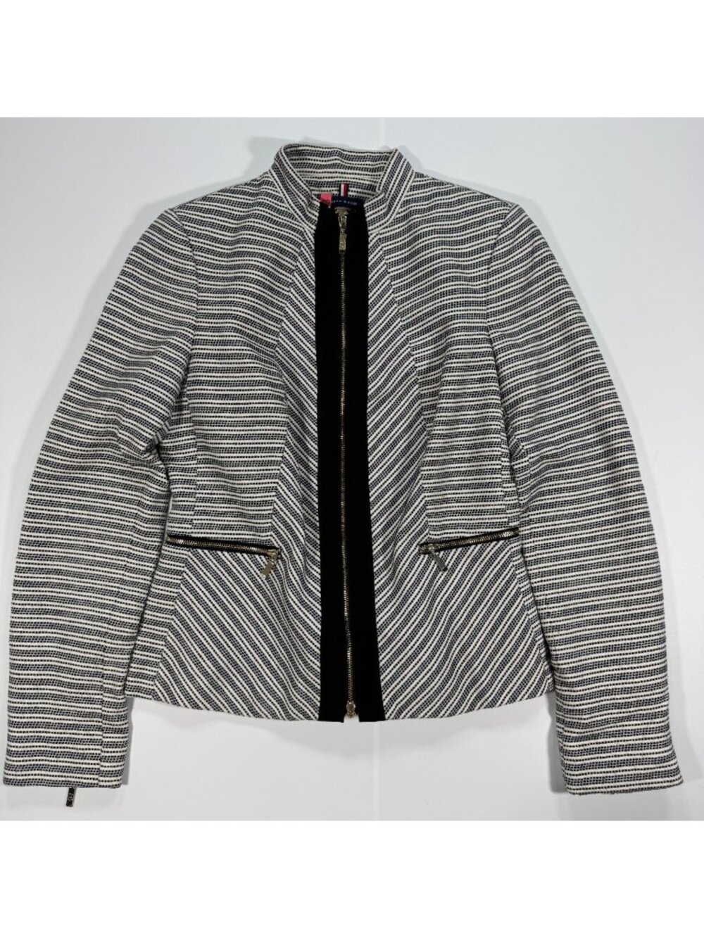 Tommy Hilfiger Jacket Women's 2 White Striped Cotton Elbow Patches Full Zipper